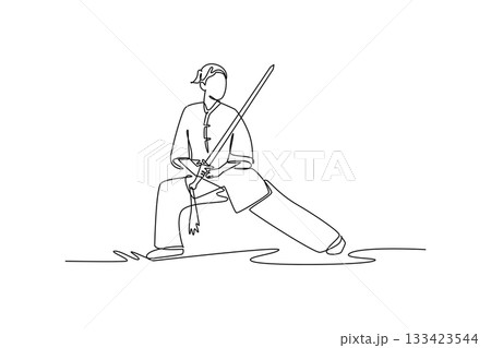 Single continuous line drawing woman Wushu athlete poised in deep bow stance, holding sword vertically. Precision, balance, disciplined form. Dynamic one line draw graphic design vector illustration 133423544