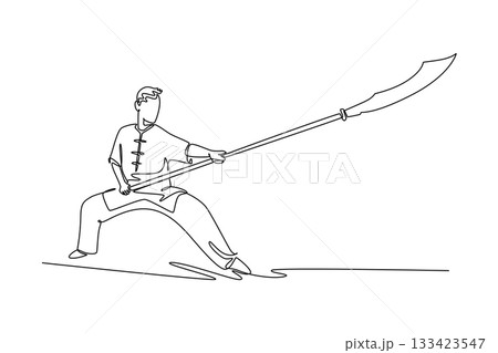 Single continuous line drawing man Wushu athlete poised in deep horse stance, holding long guandao in powerful forward thrust. Discipline and strength. One line draw graphic design vector illustration Single continuous line drawing man Wushu athlete poised in deep horse stance, holding long guandao in powerful forward thrust. Discipline and strength. One line draw graphic design vector illustration 133423547