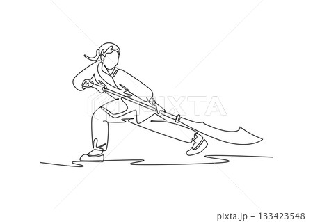Single continuous line drawing woman Wushu athlete poised in deep bow stance, holding halberd in powerful, low guard. Discipline, strength, focus form. One line draw graphic design vector illustration Single continuous line drawing woman Wushu athlete poised in deep bow stance, holding halberd in powerful, low guard. Discipline, strength, focus form. One line draw graphic design vector illustration 133423548