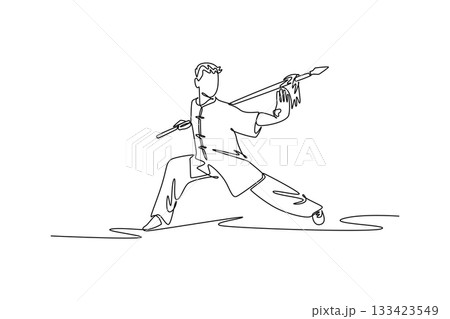 Single continuous line drawing man Wushu athlete poised in a deep bow stance, holding spear in forward thrust guard. Power, balance, disciplined form. One line draw graphic design vector illustration 133423549