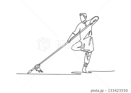 Single continuous line drawing man Wushu athlete balancing on one leg, holding spear in powerful vertical stance. Control and grace martial arts form. One line draw graphic design vector illustration 133423550