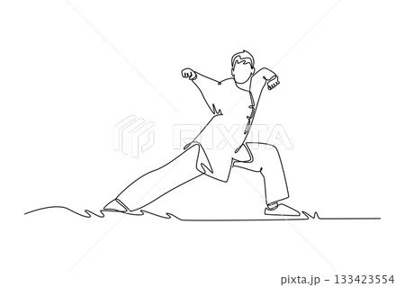 Single one line drawing man Wushu athlete poised in dynamic, deep bow stance with clenched fists, illustrating power, focus and discipline form. Continuous line draw design graphic vector illustration Single one line drawing man Wushu athlete poised in dynamic, deep bow stance with clenched fists, illustrating power, focus and discipline form. Continuous line draw design graphic vector illustration 133423554
