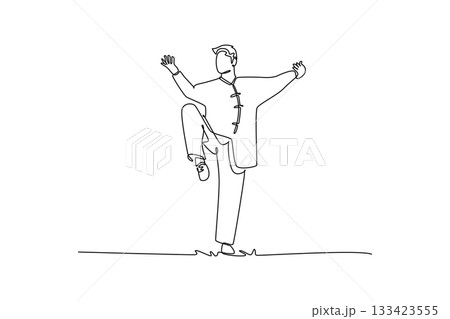 Single one line drawing man Wushu athlete balancing on one leg with the other raised high, arms outstretched. Grace of martial arts form. Modern continuous line draw design graphic vector illustration 133423555