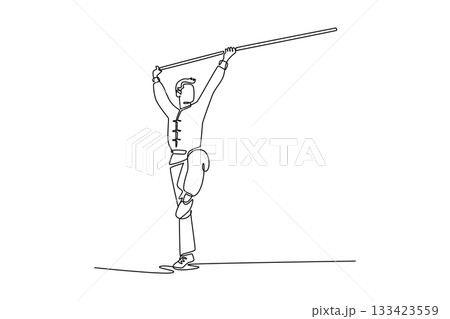 Single one line drawing man Wushu athlete balancing on one leg, holding staff high overhead. Precision, control, and grace of martial arts form. Continuous line draw design graphic vector illustration Single one line drawing man Wushu athlete balancing on one leg, holding staff high overhead. Precision, control, and grace of martial arts form. Continuous line draw design graphic vector illustration 133423559