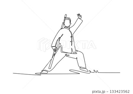 Continuous one line drawing man Wushu athlete poised in deep bow stance, holding sword behind his back, illustrating power, focus, disciplined form. Single line draw design vector graphic illustration Continuous one line drawing man Wushu athlete poised in deep bow stance, holding sword behind his back, illustrating power, focus, disciplined form. Single line draw design vector graphic illustration 133423562