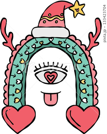 groovy christmas Playful cartoon character with festive elements and hearts. groovy christmas Playful cartoon character with festive elements and hearts. 133423704