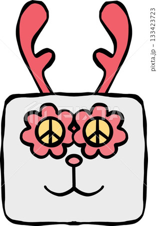 christmas Whimsical rabbit character with flowers and peace symbols. 133423723