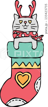 christmas Cute cat in a Christmas stocking with reindeer antlers. 133423735