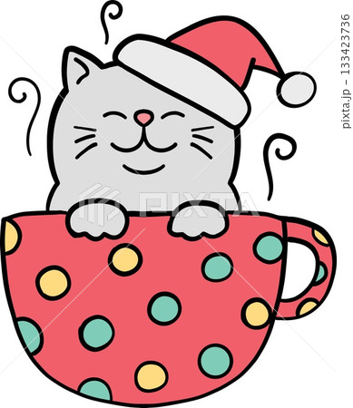 christmas Cute cat wearing a Santa hat in a colorful cup. christmas Cute cat wearing a Santa hat in a colorful cup. 133423736