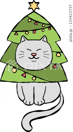 christmas Cat dressed as a Christmas tree with decorations and a star on top. 133423737
