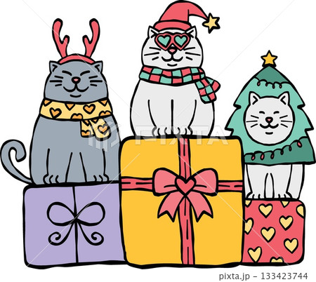 christmas Three festive cats with holiday gifts and decorations. 133423744