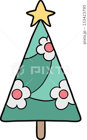 christmas Whimsical decorated Christmas tree with flowers and a star on top 133423795