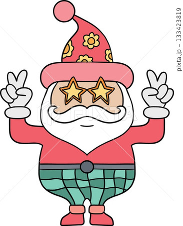 christmas Cheerful Santa character with star glasses making peace signs. christmas Cheerful Santa character with star glasses making peace signs. 133423819