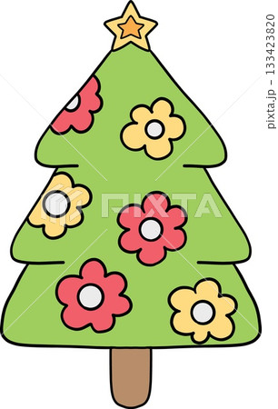 christmas Colorful cartoon Christmas tree with flowers and a star on top. christmas Colorful cartoon Christmas tree with flowers and a star on top. 133423820