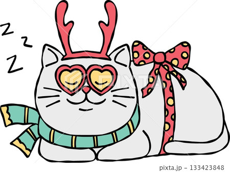 christmas Sleeping cat with festive accessories and heart-shaped glasses. christmas Sleeping cat with festive accessories and heart-shaped glasses. 133423848
