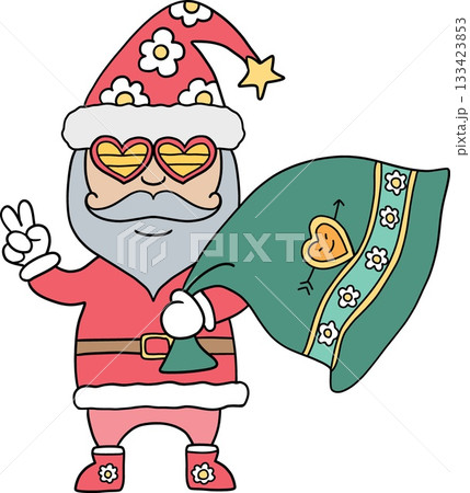 christmas Playful Santa character with glasses and a festive bag. 133423853