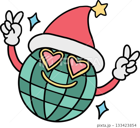 christmas Cheerful globe character wearing a Santa hat with heart-shaped eyes. 133423854