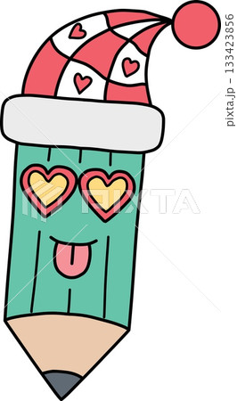 christmas Cute pencil character with festive hat and heart-shaped eyes. 133423856