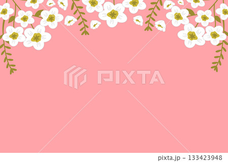 Pastel Pink Background with White Hanging Flowers and Leaves Border 133423948