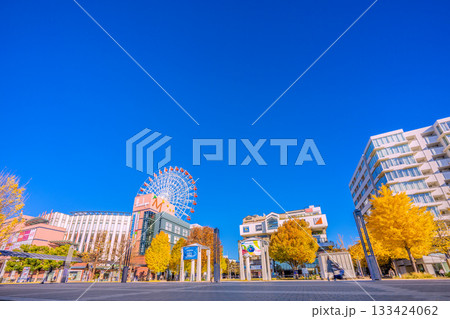 日本の横浜都市景観11月22日。センター北駅前、都築阪急の観覧車などを望む 133424062