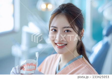 歯科医院で歯の模型と歯ブラシを使いブラッシング指導をする笑顔の歯科衛生士 133425053