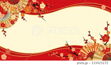 赤と金の扇子と梅の花が華やかに飾る和風フレーム背景 133425272