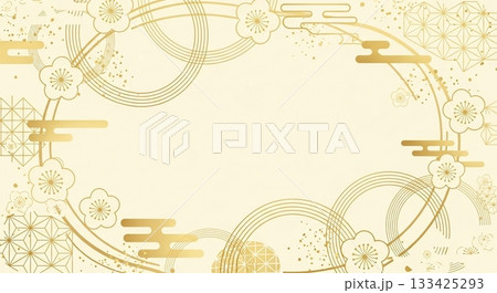金色の梅や円模様で縁取られた上品で優雅な和風フレーム背景のイラスト
