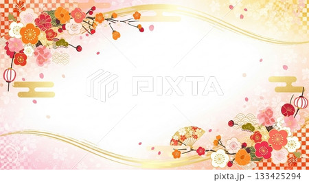 梅の花と金色ラインが舞う華やかな桃色の和風フレーム背景 133425294
