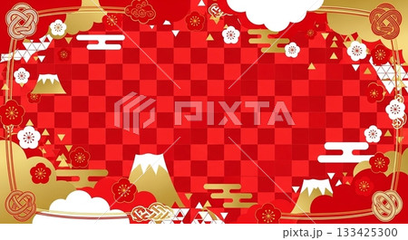 赤い市松模様と金色モチーフが織りなす華やか和風背景 133425300
