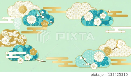 和柄の雲と花が彩るミントグリーンの落ち着いた和風背景 133425310