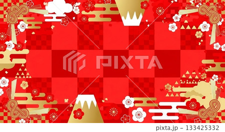 赤と金の市松模様に富士山と水引飾りをあしらった豪華な和風背景 133425332