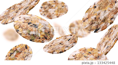Round Crispbread levitate on a white background Round Crispbread levitate on a white background 133425448