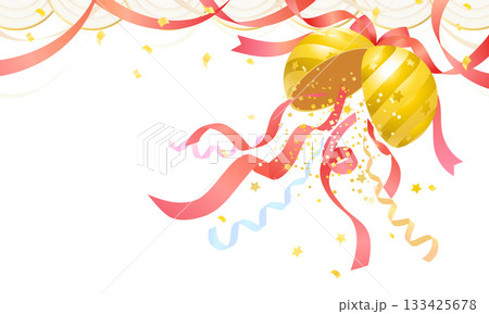 金色のくす玉と上飾り、リボンや紙吹雪のイラスト 133425678