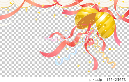 金色のくす玉と上飾り、リボンや紙吹雪のイラスト 133425678