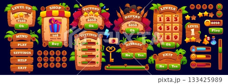 Game interface with cartoon jungle wood buttons and boards, vector GUI frame. Wooden UI kit with tropical buttons, leafy panels, shop board and progress bar. Game interface jungle wood menu selectors 133425989