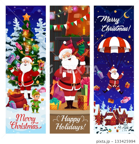 Christmas banners with funny Santa characters. Vector elf with Santa stay near festive xmas tree. Jolly Santa with cookie and milk. Santa Claus is parachuting from night sky with holiday gifts 133425994