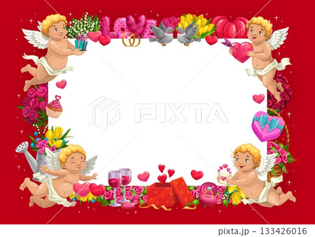 Valentine day holiday frame with cherub cupid angels and gifts, vector greeting card. Valentine day, wedding or marriage frame with golden rings and flowers, heart balloons and cheerful cupids Valentine day holiday frame with cherub cupid angels and gifts, vector greeting card. Valentine day, wedding or marriage frame with golden rings and flowers, heart balloons and cheerful cupids 133426016