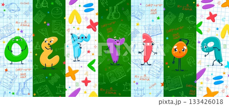 Cartoon math arabic numbers characters with smiling faces and comic poses and science geometry, chemistry and mathematics, formulas and laboratory flasks. Funny arabic numerals and digits characters 133426018