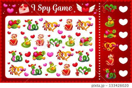 I spy game with Valentine hearts and lovely snakes. Love holiday counting vector kids game, St Valentine day object finding quiz worksheet. I spy puzzle or riddle with cute snakes cartoon characters 133426020