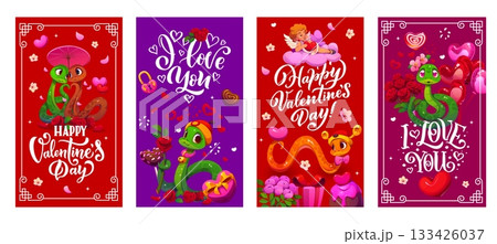 Valentines day greeting cards with cute snakes. Vector set of vertical banners featuring adorable cartoon romantic playful reptiles surrounded by hearts, roses, chocolates, and love themed typography Valentines day greeting cards with cute snakes. Vector set of vertical banners featuring adorable cartoon romantic playful reptiles surrounded by hearts, roses, chocolates, and love themed typography 133426037