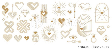 Boho valentine golden line icons, love wedding and celestial bohemian patterns. Mystic magic vector symbols, celestial Boho elegant icons with hearts, cupid arrows, arch, ring and linear patterns 133426075