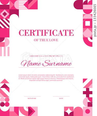Valentines day vertical certificate with geometric shapes. Vector love diploma template, retro modern minimalistic romantic layout with abstract pattern framing the corners in shade of pink and maroon 133426085