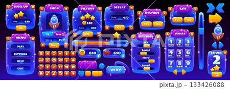 Space game interface galaxy asset. Vector UI neon buttons, glowing panels, menu frame, shop and sliders. Cartoon space game victory defeat screen, galaxy star scoreboard and interface settings board Space game interface galaxy asset. Vector UI neon buttons, glowing panels, menu frame, shop and sliders. Cartoon space game victory defeat screen, galaxy star scoreboard and interface settings board 133426088