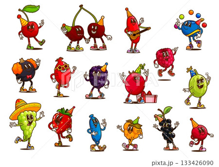 Groovy berry characters on holiday party. Cartoon happy fruit food vector personages of retro y2k strawberry, cherry and grapes, groovy y2k raspberry and currant with party hats, glasses and gift box 133426090