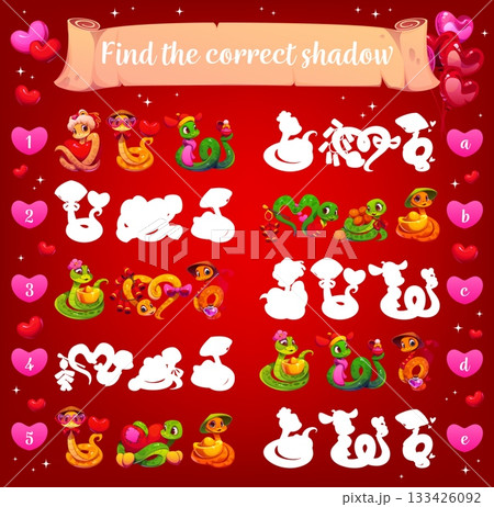 Find a correct shadow of valentine lovely snakes. Love holiday silhouette find quiz vector worksheet, similarity search kids game. St Valentine day puzzle with cheerful asian snakes characters 133426092