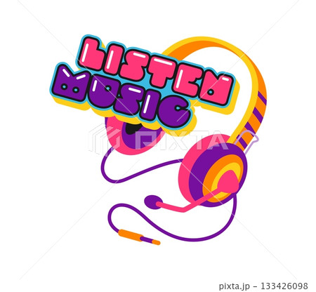 Listen music Y2K groovy sticker or label. Music festival sound funky label, musical art melody record Y2K retro vector tag. Radio audio patch or sticker with headphone headset and funky typography Listen music Y2K groovy sticker or label. Music festival sound funky label, musical art melody record Y2K retro vector tag. Radio audio patch or sticker with headphone headset and funky typography 133426098