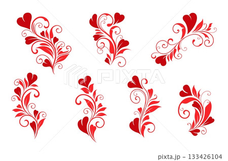 Valentines day heart flourish decorations. Vector set of ornate red floral hearts with swirling decorative patterns, featuring leaves, curves and romantic motifs for wedding invitations or love decor Valentines day heart flourish decorations. Vector set of ornate red floral hearts with swirling decorative patterns, featuring leaves, curves and romantic motifs for wedding invitations or love decor 133426104