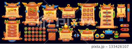 Egypt game bar asset, vector UI panels and boards. Cartoon interface elements of scroll shaped menu, golden buttons, victory defeat screen, shop and progress bar. Ancient Egypt game papyrus frames set Egypt game bar asset, vector UI panels and boards. Cartoon interface elements of scroll shaped menu, golden buttons, victory defeat screen, shop and progress bar. Ancient Egypt game papyrus frames set 133426107