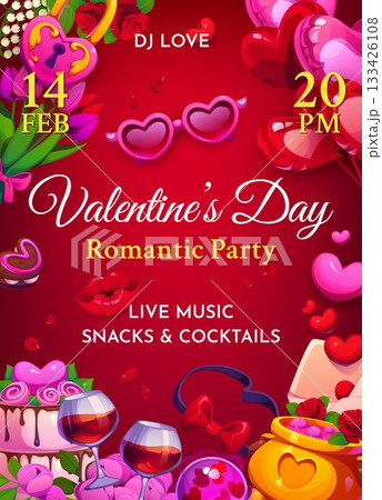 Valentine day party flyer with hearts and flowers for love holiday, vector invitation poster. Valentine day entertainment party flyer for live music and cocktails with heart balloons and wedding cake Valentine day party flyer with hearts and flowers for love holiday, vector invitation poster. Valentine day entertainment party flyer for live music and cocktails with heart balloons and wedding cake 133426108