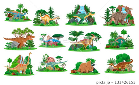 Prehistoric dinosaur characters in natural landscape with lush greenery and rocks. Cartoon vector species of ancient reptile creatures, Jurassic era animals in jungle forest with plants and waterfalls 133426153